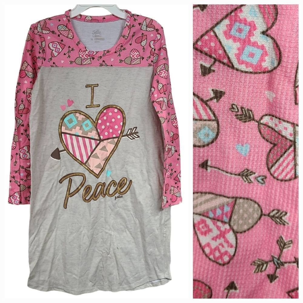 Justice Girls Nightgown I love Peace Pink Waffle Knit Heart Arrow Gown Pajamas